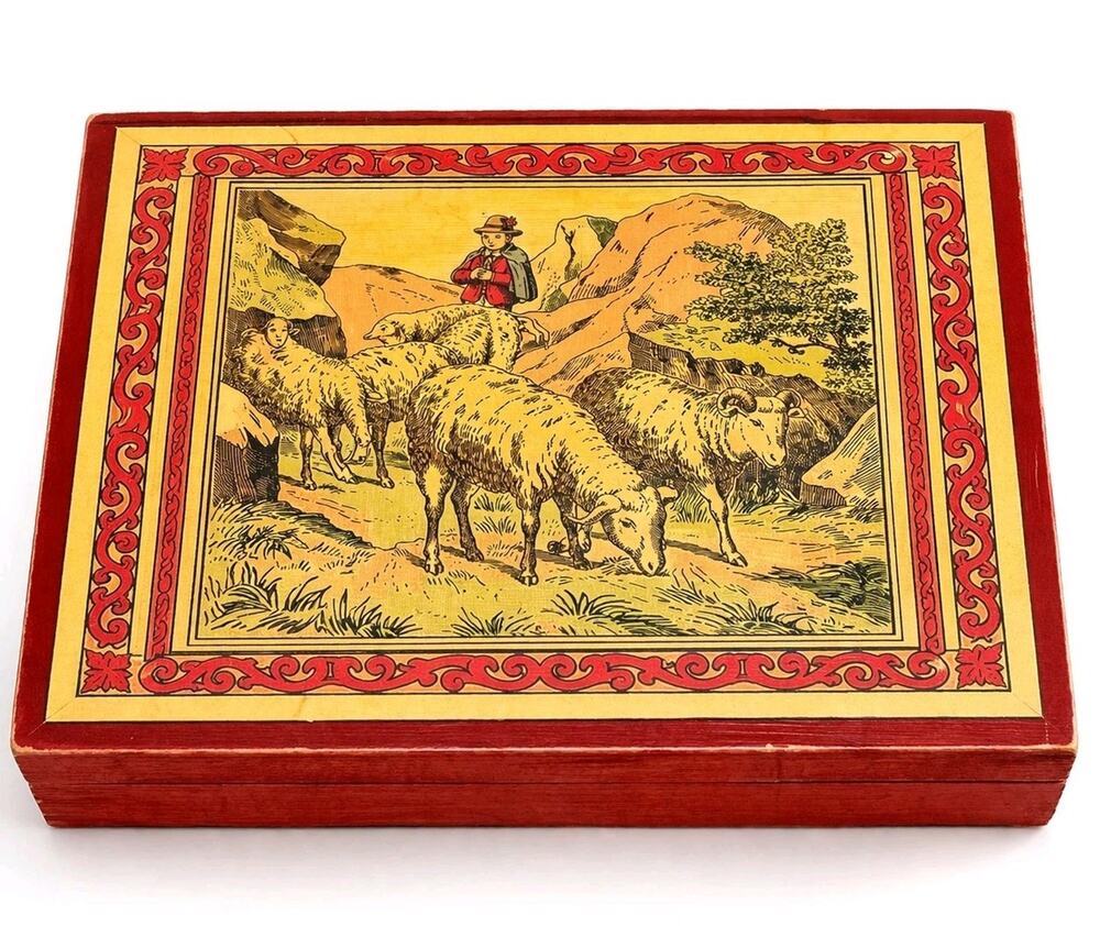 German Folk Art Wooden Box Alpine Shepherd Sheep Putz Style Trinket Decor